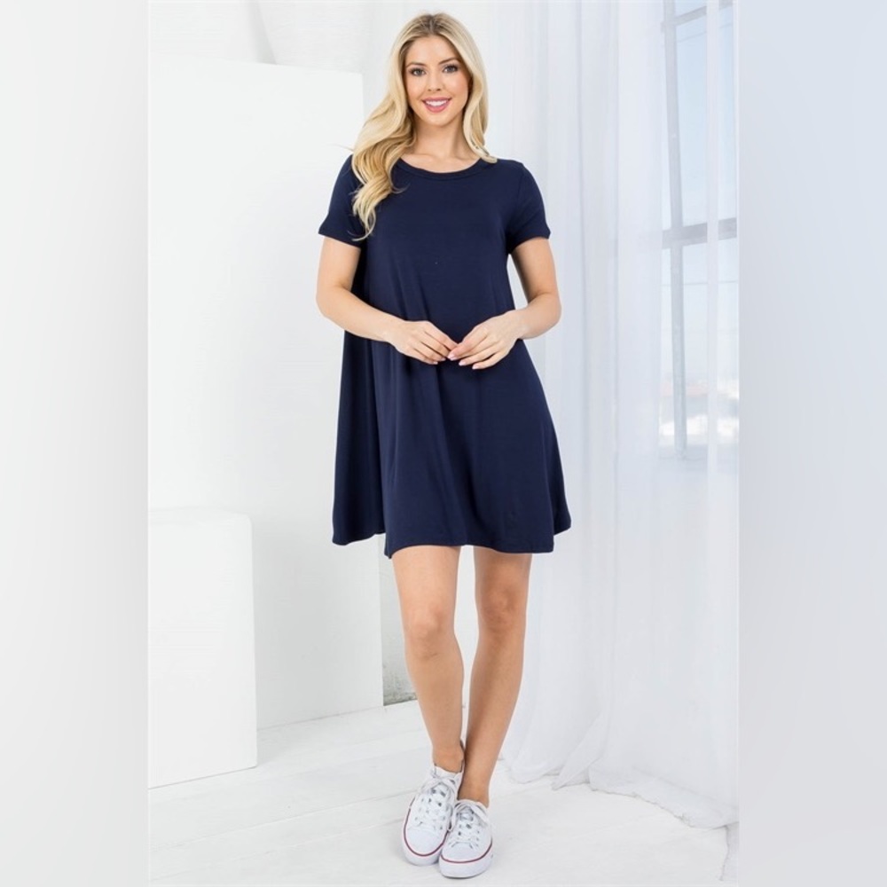 S M L NAVY ROUND NECKLINE RUFFLE SHIRT DRESS - Picture 4 of 6